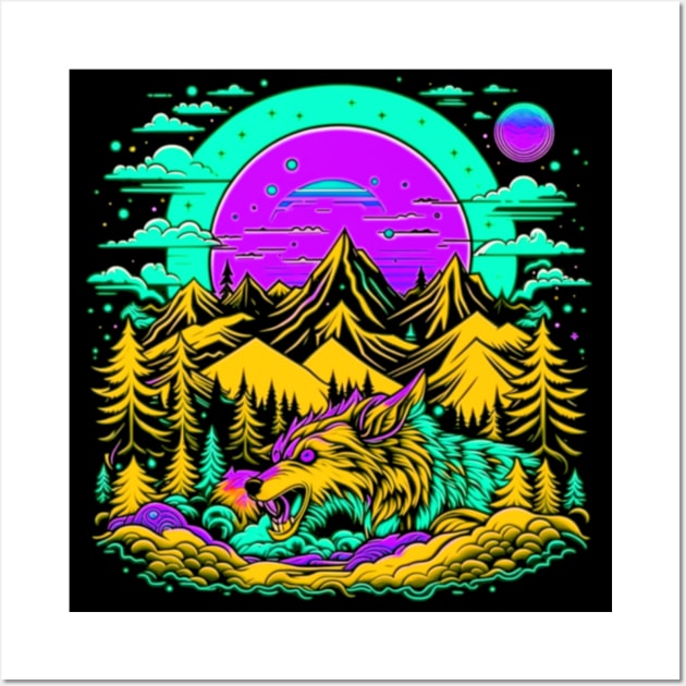 Psychedelic Mountains of Werewolf Monster Wall Art by vystudio
